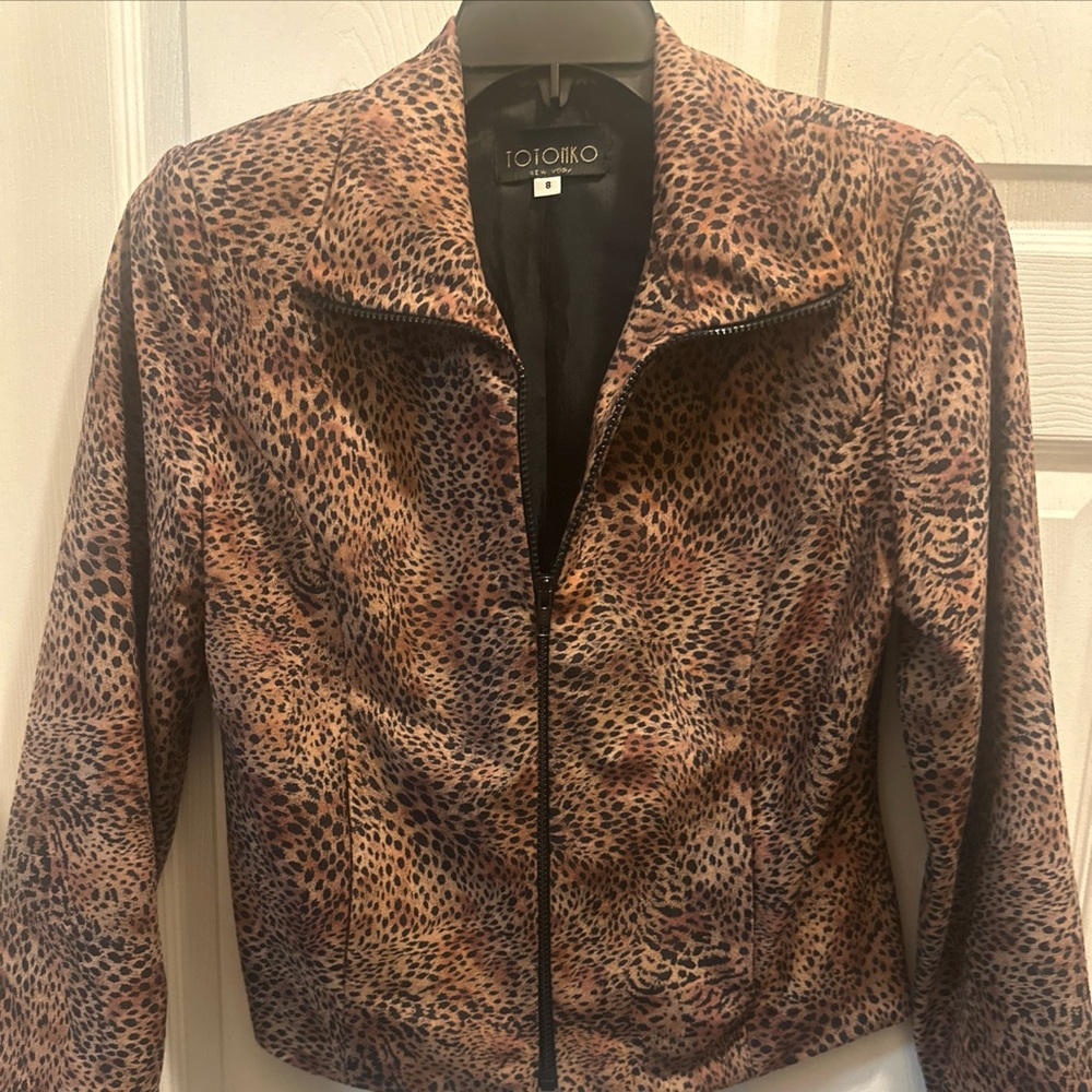 VTG TOTONKO New York Leopard Print Velvet Feel Zipper Lined Jacket Wm's 8 EXC